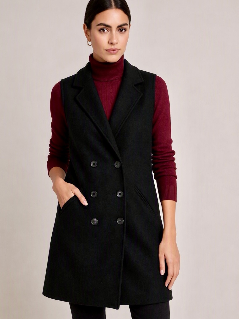 UNTUCKit Black Sleeveless Double-Breasted Wool Dress Coat (Size S) ❤️